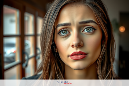 This is a portrait of a young woman. She has a worried or concerned expression on her face, with furrowed eyebrows and eyes looking off to the side.