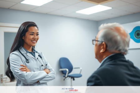 A smiling female doctor standing in a modern clinic or consultation room, wearing medical scrubs and holding a clipboard. An older man is sitting nearby, engaged in conversation with her.