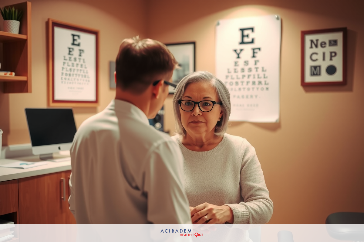 This image depicts an indoor setting, specifically a doctor's office. There are two individuals present; one is seated in front of the other. The person standing appears to be examining or assisting the individual, who is wearing glasses and has gray hair.