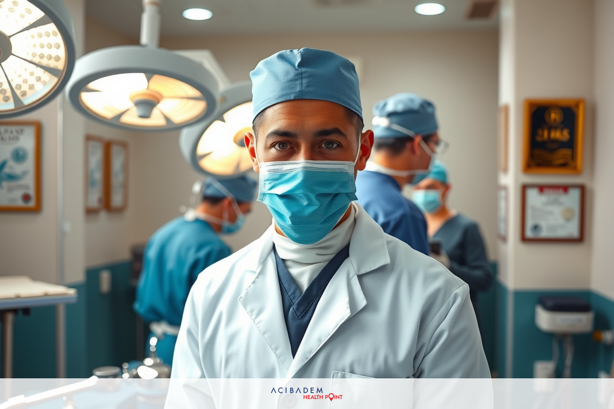 Image shows operating room with multiple medical professionals wearing surgical attire. A surgeon stands in the foreground, smiling towards the camera.