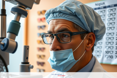 Optometrist in professional setting, working with optical equipment. The individual is wearing a surgical mask, protective gear, and is seated at an adjustable chair examining eyes.