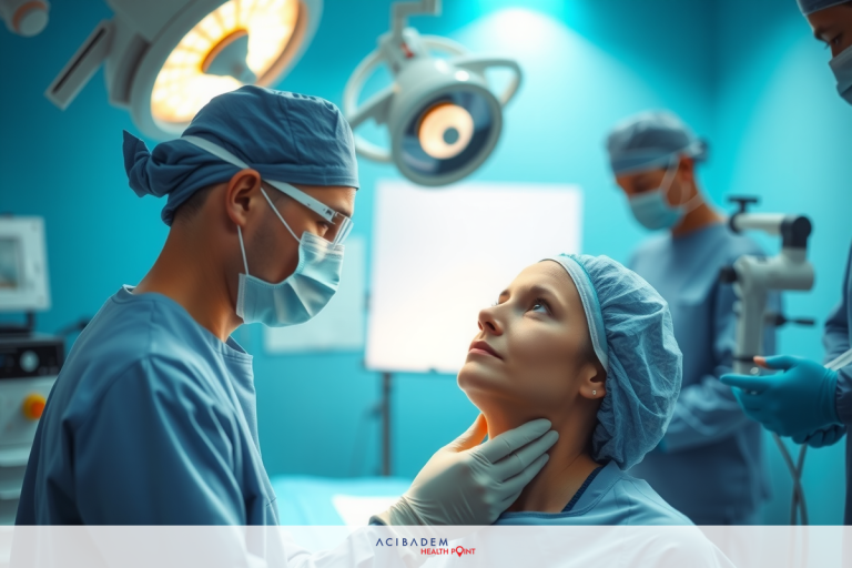 How Much Does Rhinoplasty Cost in Indiana? The image captures a medical team in an operating room examining a patient's face. The focus is on the interaction between the surgeons and the patient, with one surgeon holding her chin and inspecting her facial features.