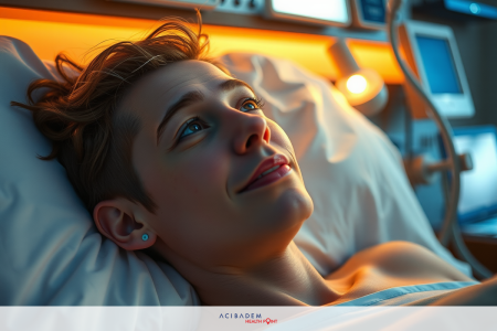 A young man laying in a hospital bed, smiling at the camera. The environment suggests a medical setting with various devices and monitors around him.