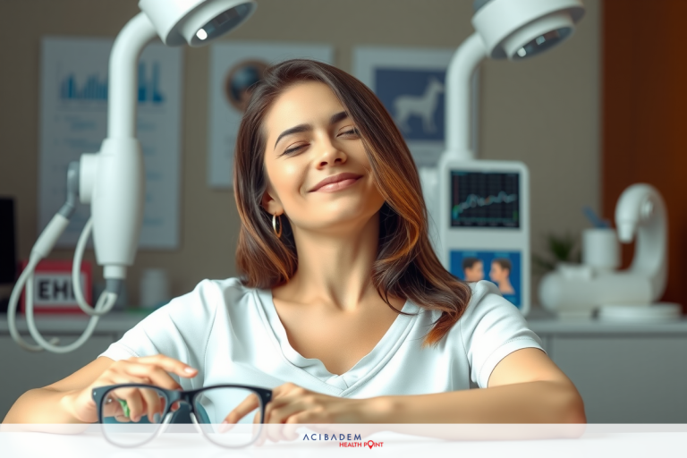 The image features a woman with brown hair, wearing glasses and a white blouse. She is sitting at a desk in an office environment, smiling towards the camera.