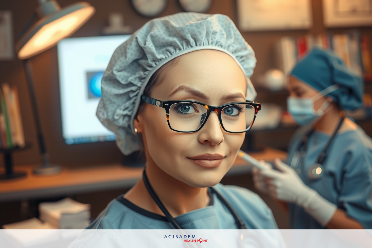 Two surgeons in a hospital setting, one wearing glasses. The woman in glasses is smiling at the camera.