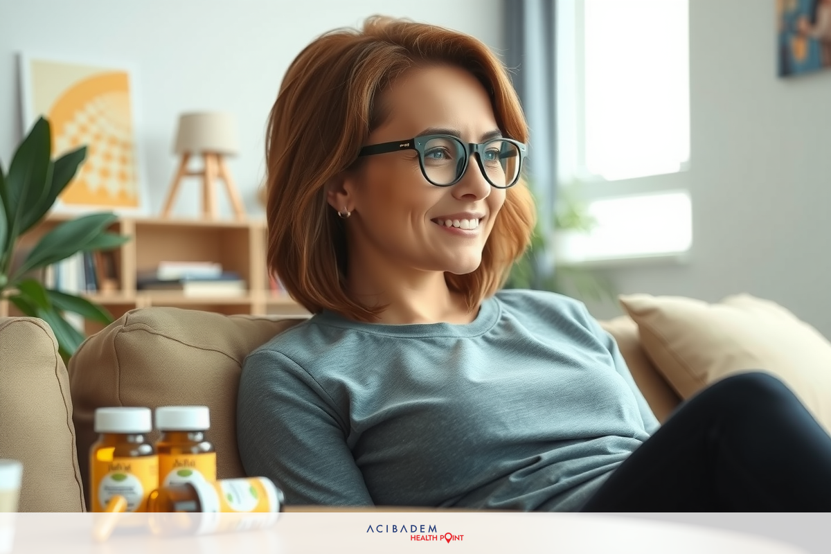 A woman is sitting on a couch, smiling and relaxed. She has short hair, black glasses, and is wearing a grey t-shirt. The room appears to be cozy with a potted plant and framed artwork in the background.