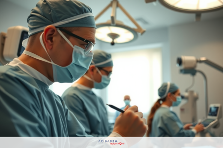 The image depicts a group of medical professionals, possibly surgeons, in an operating room setting. The individuals are wearing surgical attire including scrubs and face masks.