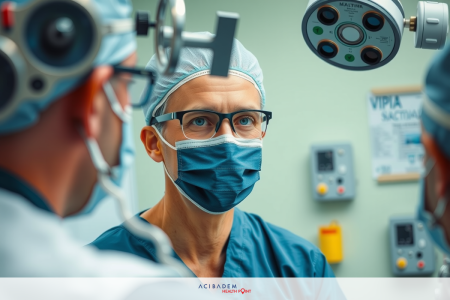 The image shows a medical or surgical setting with multiple surgeons in scrubs and masks focused on a patient.