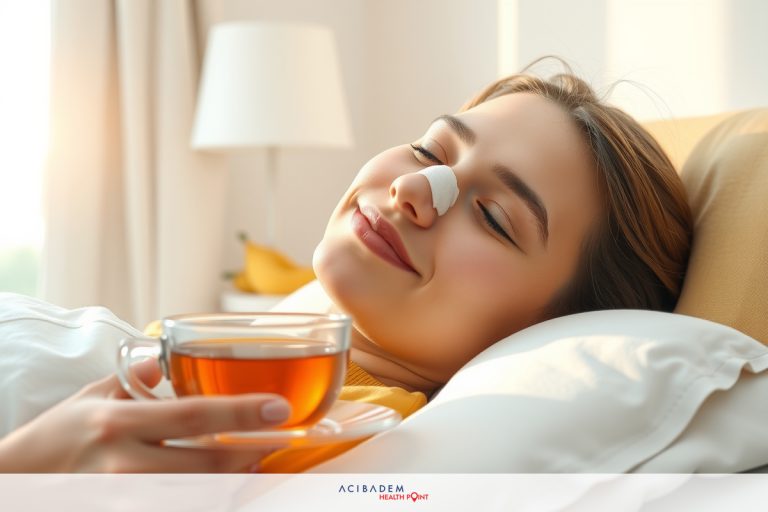 How to Irrigate Nose after Rhinoplasty A woman resting in a sunlit room, holding a cup of tea while smiling. She has a headache patch on her nose and is wearing an eye mask.