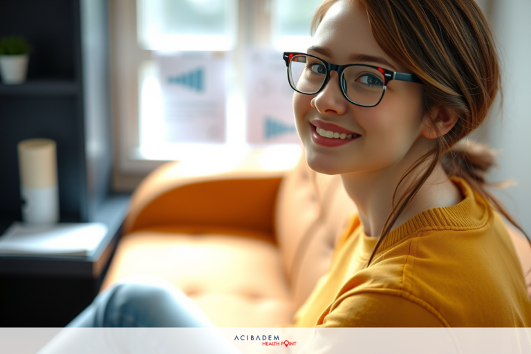 The image depicts a young woman seated on an orange sofa. She is smiling and wearing glasses, suggesting a happy or relaxed mood. The room has natural light coming through the window, creating a bright atmosphere.