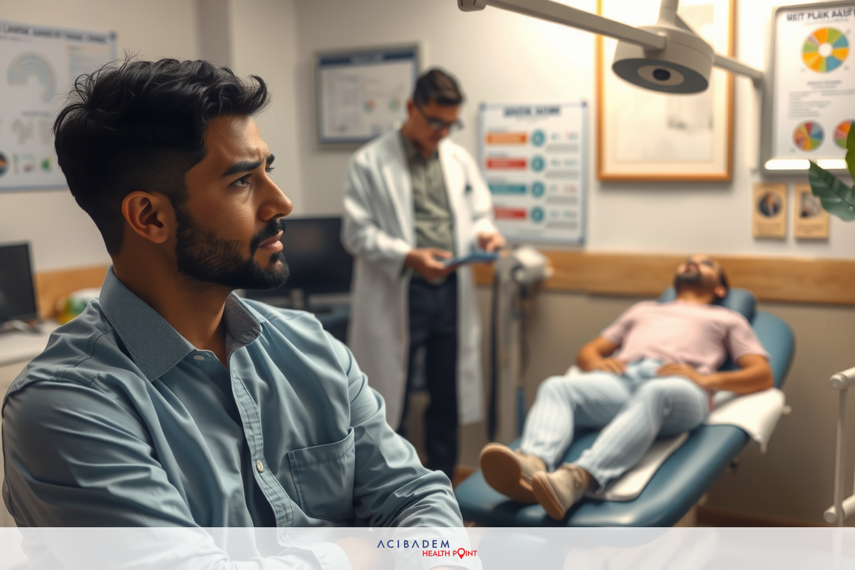 Three men in a hospital setting with medical equipment and charts. One man appears to be patient while another is doctor looking at his notes.