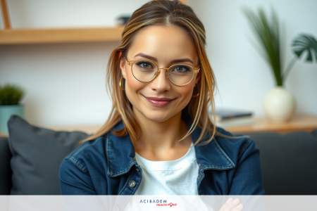 Smiling woman wearing glasses and a denim jacket, seated on a couch in a modern living room with plants.