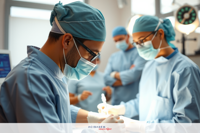 The image depicts a medical operating room setting with multiple surgeons in blue sterile gowns and surgical hats. They are performing a joint operation, focusing on a patient's surgical area.