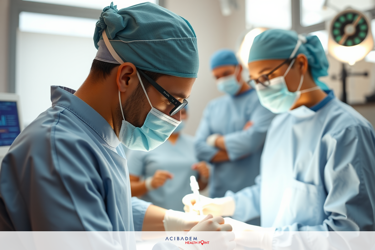 The image depicts a medical operating room setting with multiple surgeons in blue sterile gowns and surgical hats. They are performing a joint operation, focusing on a patient's surgical area.