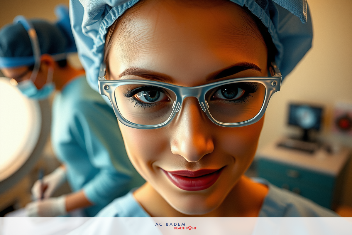 The image captures a vibrant medical scene. A female doctor, wearing glasses and scrubs, is the main focus. She has an engaging smile, suggesting she enjoys her work. The setting is likely a well-equipped hospital or clinic with various medical equipment visible.