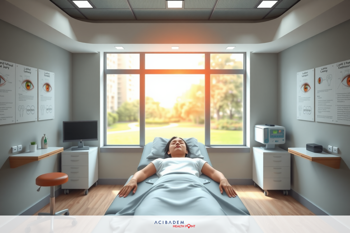 The image depicts a modern medical room during sunset. A person is lying in the hospital bed with their arms relaxed. The room has various medical equipment and devices like monitors, which are typical for patient care settings. The warm light from the setting sun illuminates the scene, creating an atmosphere of calmness and healing.