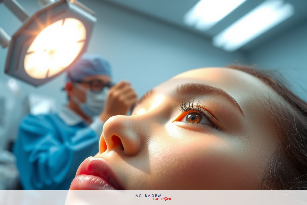 An image of a patient in a surgical setting, with surgeons performing an operation. The patient is looking upwards and appears to be sedated. Surrounded by medical equipment.