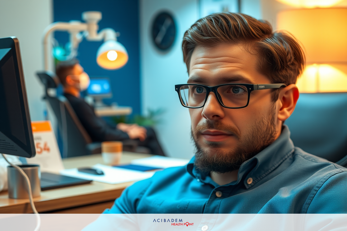 A man with glasses looks worried as he sits at a desk with a computer monitor. He is dressed casually, wearing a collared shirt and glasses inside.
