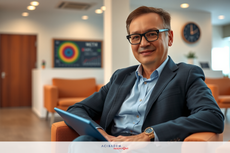 Man in business attire with glasses, seated at desk using laptop, professional office setting.