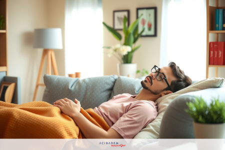 A man in a pink shirt, wearing glasses and holding his chest, lying on a couch under soft lighting, possibly due to illness or stress.