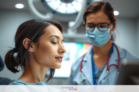 In a medical setting, two female doctors are attentively examining a patient. The patient is seated in a typical hospital chair and appears to be receiving medical attention.