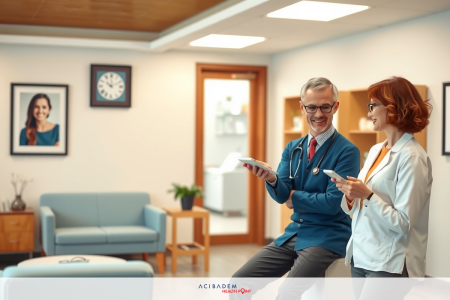 How Much is LASIK for 2 Eyes? The image shows an office setting with two medical professionals, a male and female. The male is wearing a blue coat and the female has glasses. They are using electronic devices, possibly tablets or screens. The office appears modern with a couch and framed photos on the wall.