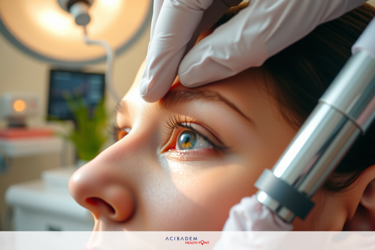 The image captures a close-up view of an individual receiving eye care treatment in what appears to be a professional setting. The focus is on the eyes, with the person's face looking directly into the camera lens, while another lens or device is applied near their eyebrows for examination or treatment purposes. The environment suggests a clinical space, likely an optician or eye care specialist's office.