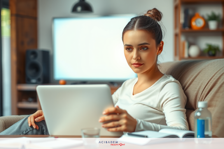 In the image, a woman is sitting on a beige sofa in what appears to be a modern living room. She's wearing a white top and has her hair styled up with a bun. Her attention is focused on a laptop computer she holds open on her lap.