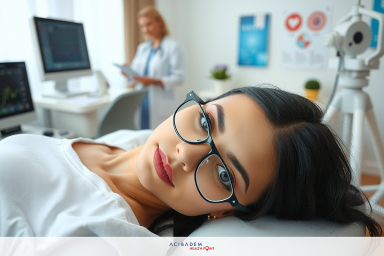 The image shows a woman lying down on a medical examination table in an office setting, likely receiving a health check. A doctor stands beside her, observing the procedure and patient. The environment is clean and well-lit with modern equipment visible, such as monitors, which indicates a professional medical practice.