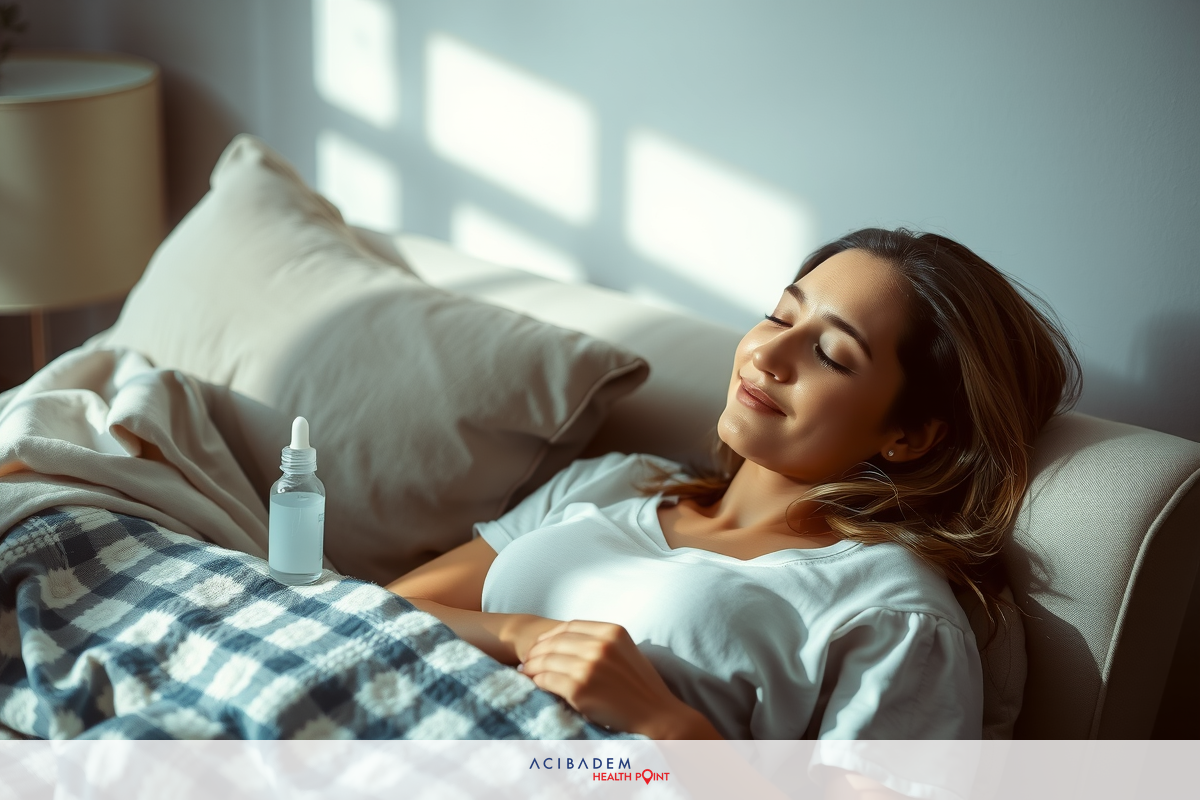 Smiling woman laying in bed with blanket, enjoying serene moment. Sunlight streaming through windows brightens room.