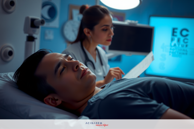 The image features a hospital setting with two individuals. One person is lying on a hospital bed, seemingly in distress or pain, while the other individual appears to be attentively caring for them.