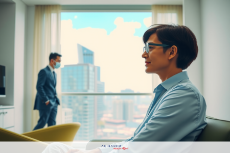 This is a photo of an indoor scene featuring two individuals. On the left, there is a person wearing glasses and a blue shirt seated on a couch with their legs crossed.