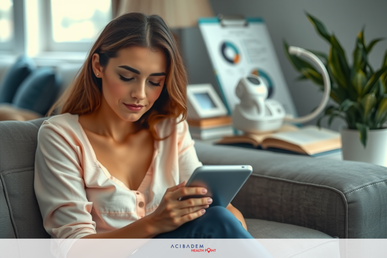 The image features a woman sitting on a couch, engrossed in using her tablet. She is dressed casually and has a slight smile as she focuses on the screen. The living room layout is comfortable with potted plants near the sofa. The colors create a soft, warm atmosphere.