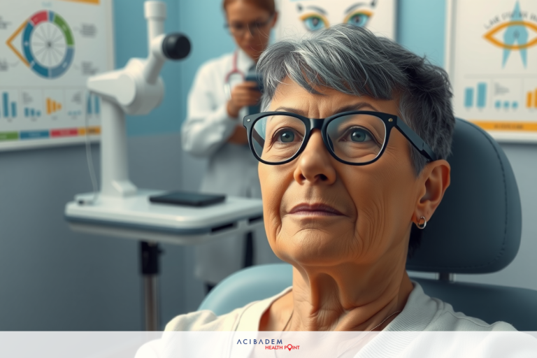 A medical office scene where an older woman is seated in a medical chair, presumably awaiting eye examination.