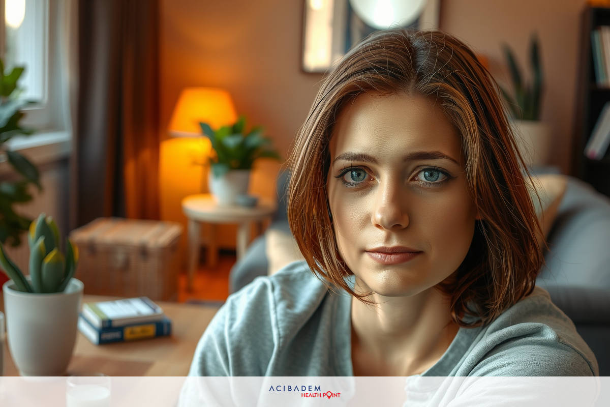 A young woman sitting in a living room with books and potted plants. She has short brown hair and is wearing a grey sweatshirt.