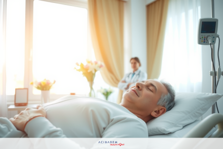 The image depicts an indoor hospital room setting with natural sunlight streaming in through a window. A patient is lying on a hospital bed, while a medical professional stands to the side observing or providing care.