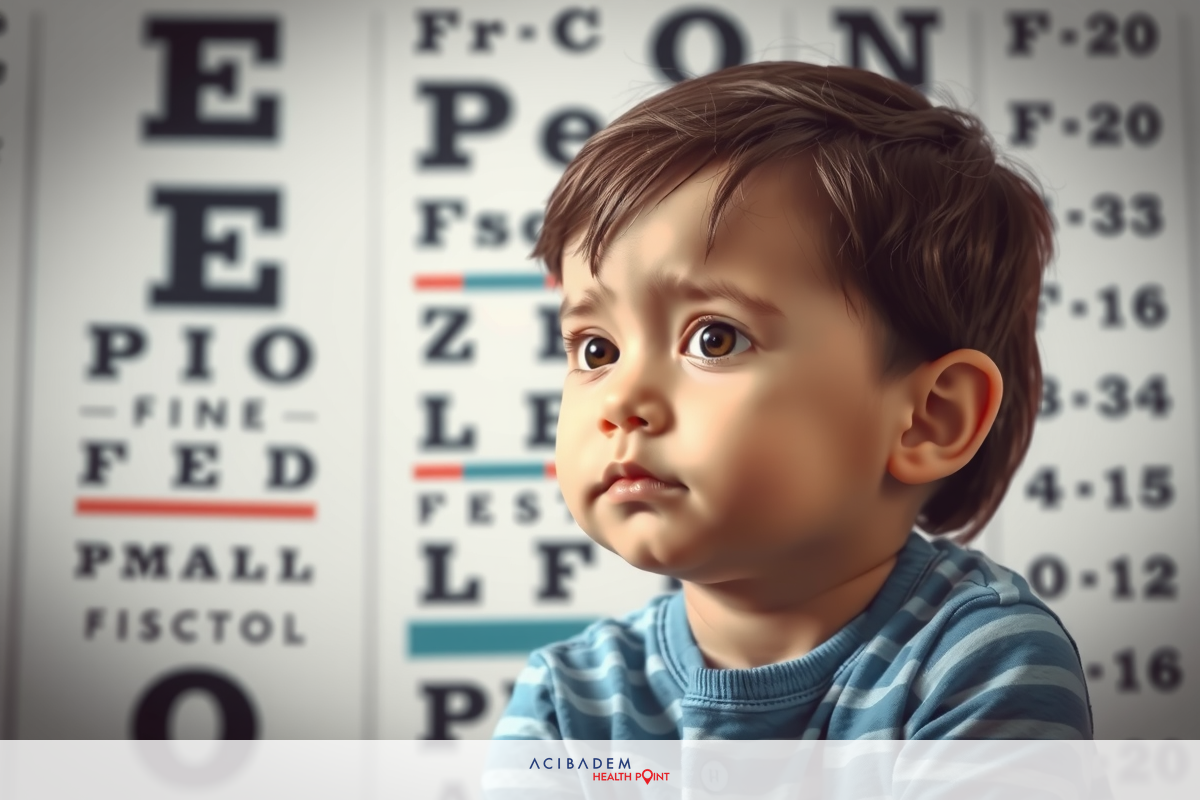 The image depicts a young child sitting in front of an eye chart. The child appears to be focused on the chart, and there is a sense of anticipation or concentration. The color palette consists mostly of muted tones with blue letters indicating different eye conditions against the white background of the chart.