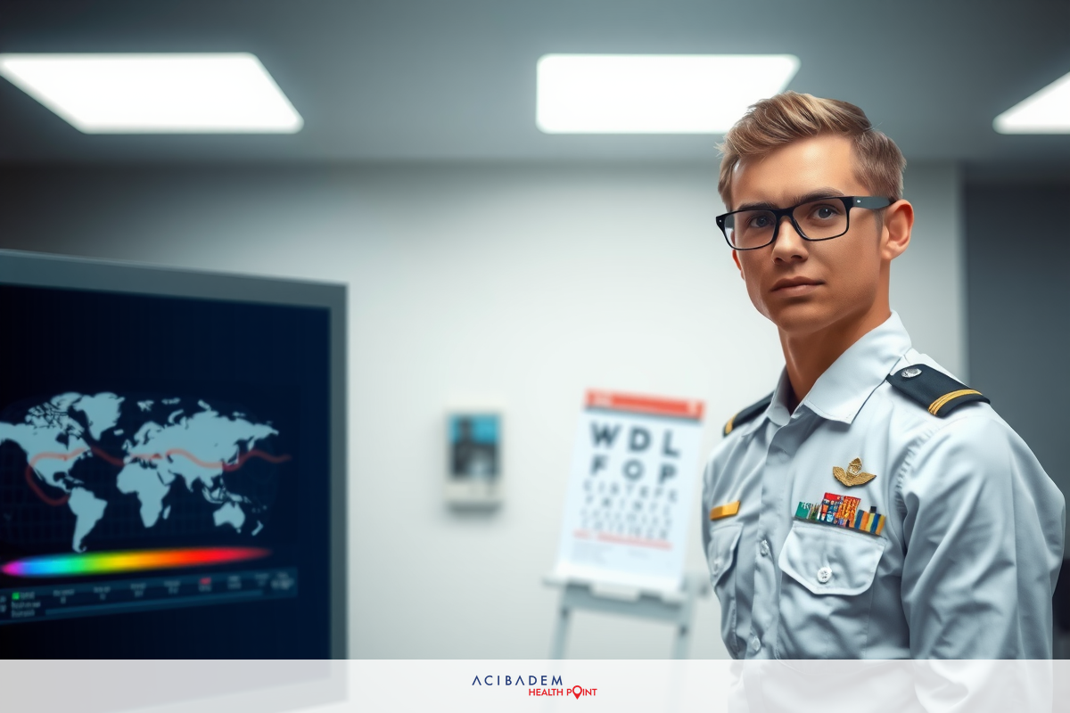 This is a colorful image featuring a young male with short blond hair, wearing glasses and a military uniform.