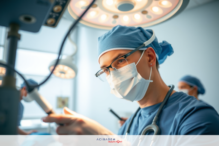 The image shows a person wearing surgical attire, including scrubs and a mask, performing a medical procedure on a patient. The surgery is being conducted in an operating room setting.