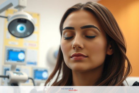 A woman in a medical setting, with her eyes closed as if she is receiving an examination or treatment. The environment suggests a clinical context with medical equipment visible.