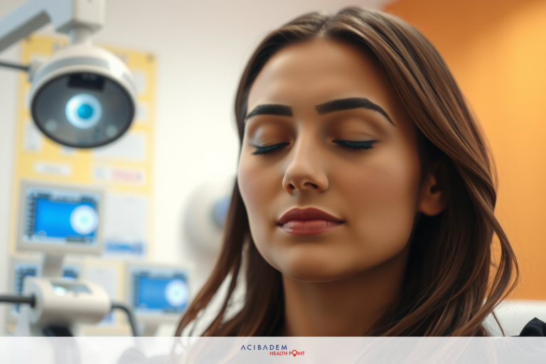 Can LASIK Change Eye Dominance? A woman in a medical setting, with her eyes closed as if she is receiving an examination or treatment. The environment suggests a clinical context with medical equipment visible.