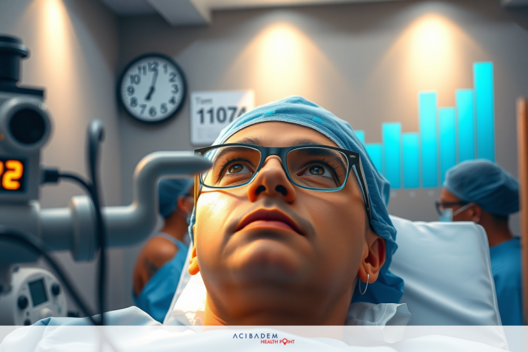 How Long is Laser Eye Surgery? In the image, a patient is lying on a hospital bed with various medical equipment around them. The hospital environment suggests a healthcare setting focused on the patient's treatment and recovery.