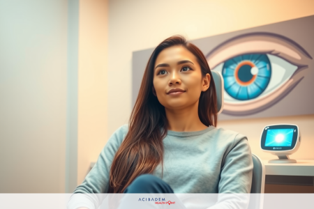 A woman in a medical office setting, wearing a gray sweatshirt and looking to her left. There's an eye chart behind her.