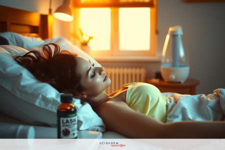 The image depicts a woman lying in bed, appearing to be sick or taking medicine. She is looking down at a bottle of pills beside her.