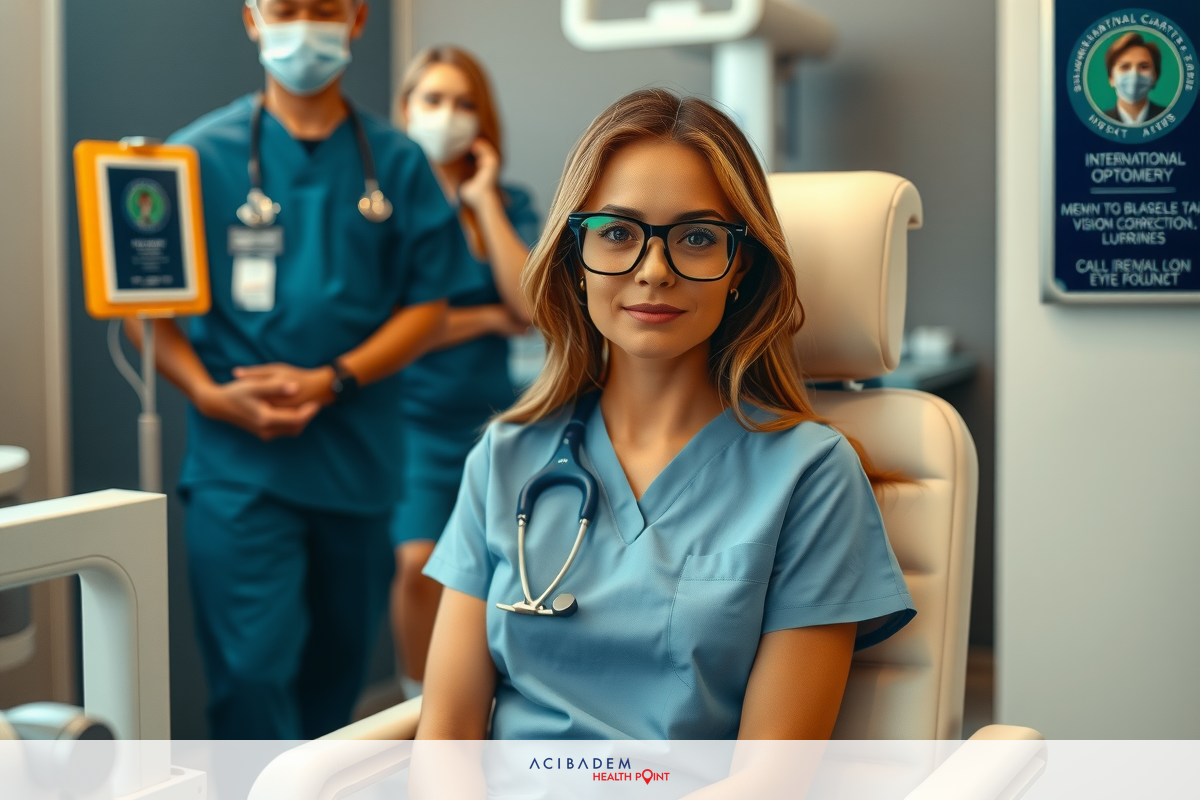 A healthcare professional in a clean, well-lit medical environment. The focus is on the female doctor, dressed in scrubs, wearing glasses. She appears to be engaged with her patients or possibly colleagues in a patient examination room.