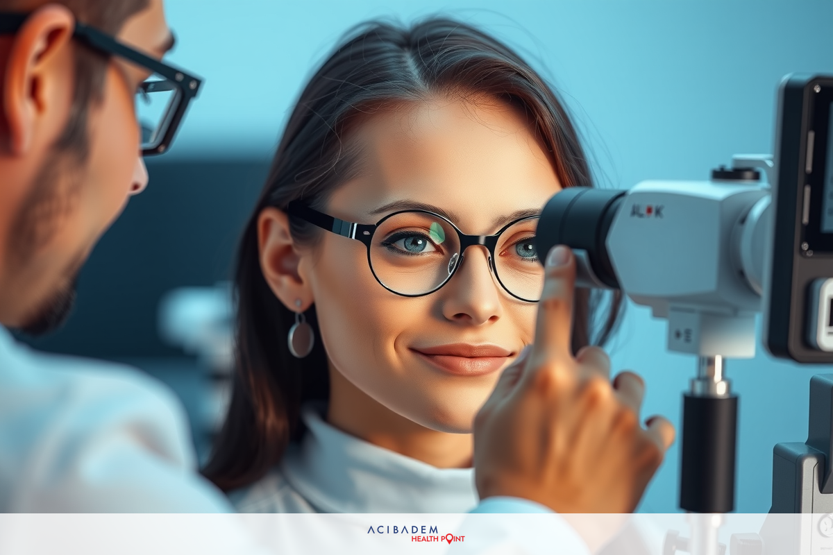 The image depicts a professional optometrist conducting an eye examination. A young woman is seated and facing the camera, while a male stands beside her. The female patient is wearing glasses and appears to be looking into an optical device. Both individuals are dressed in formal attire, indicative of a clinical setting. The focus is on the interaction between the optometrist and his patient, with both parties engaging directly with each other and the equipment.