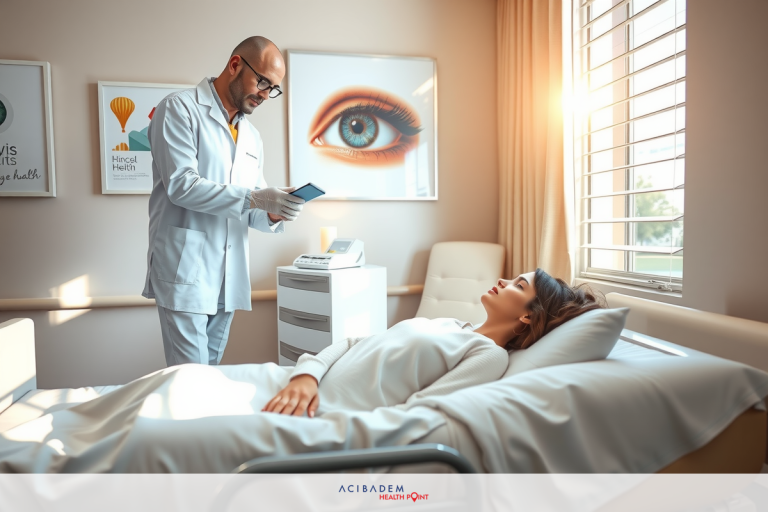 In the image, there's a hospital room. A medical professional is standing by a patient who is lying in bed, possibly receiving treatment or being examined. The room has medical equipments.