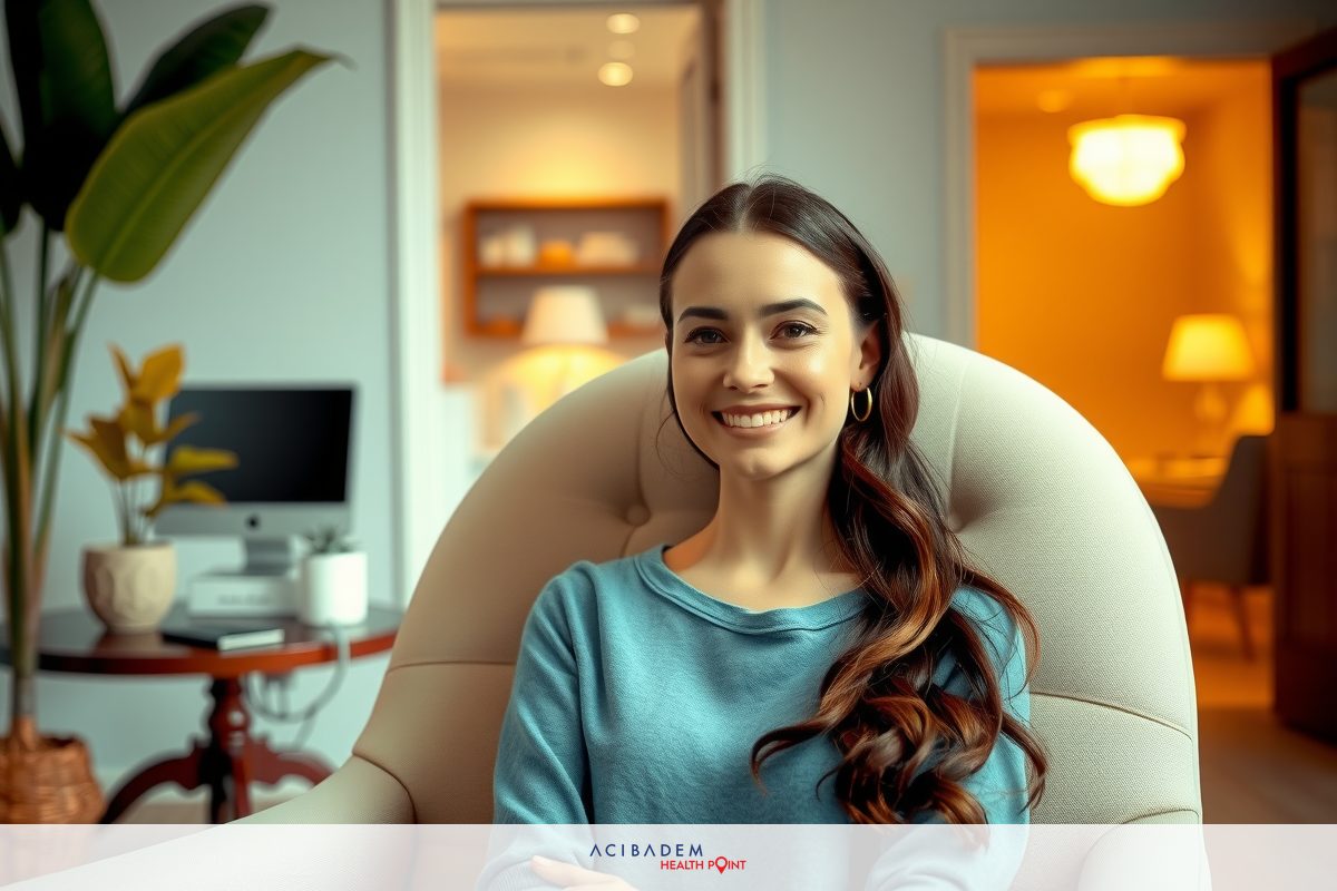 Smiling woman in casual setting, with chair and potted plant behind her.