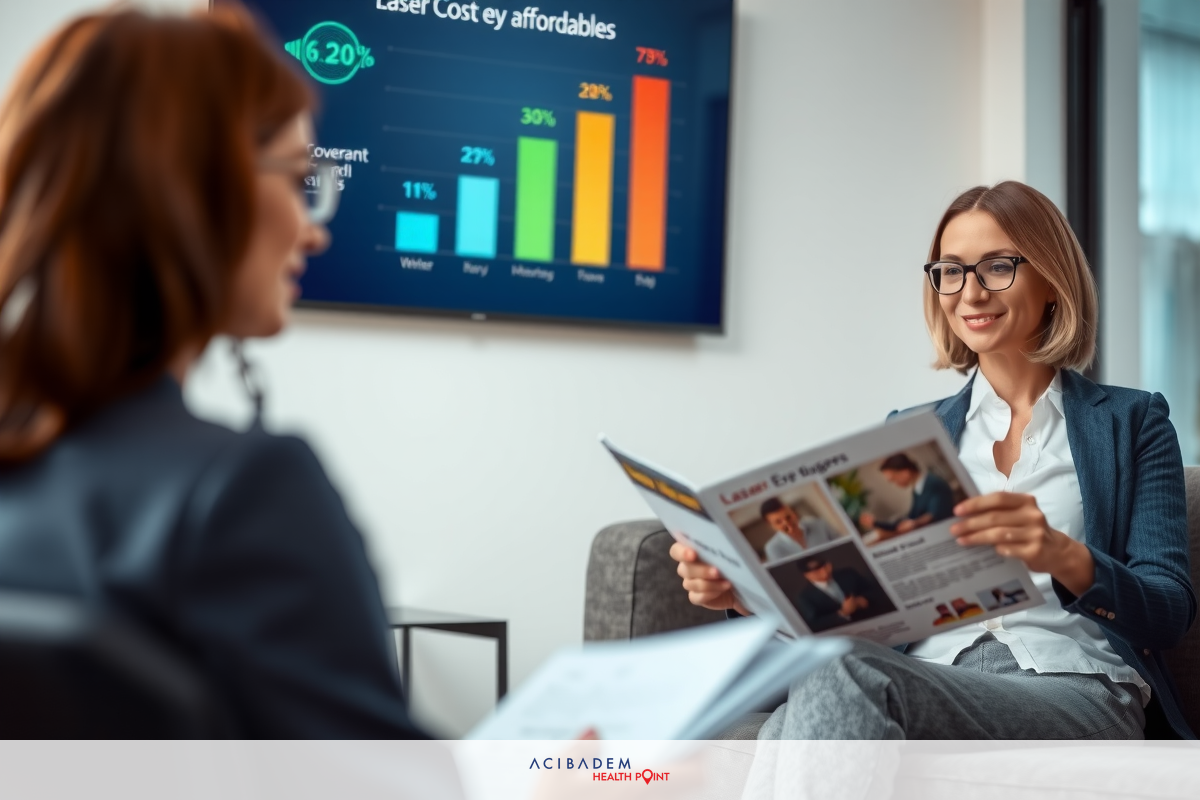 The image depicts a professional office setting. A young woman is seated across from another, engrossed in reading a document. She wears glasses and is dressed in smart business attire.