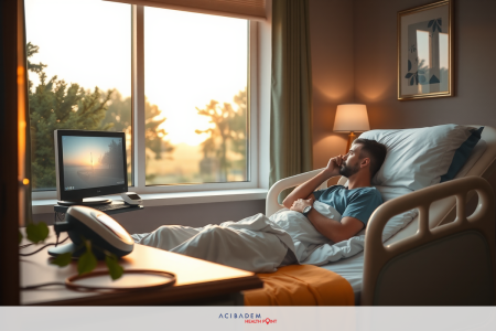 How Long Does the Laser Eye Surgery Take Man lying in hospital bed, watching television. Includes window view of sunset or sunrise. Room is clean and well-lit.